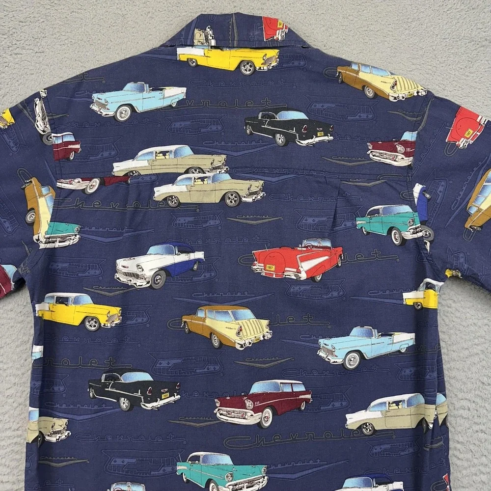 David Carey Shirt Mens‎ Medium Navy Hawaiian Aloha Camp Chevrolet Classic Cars